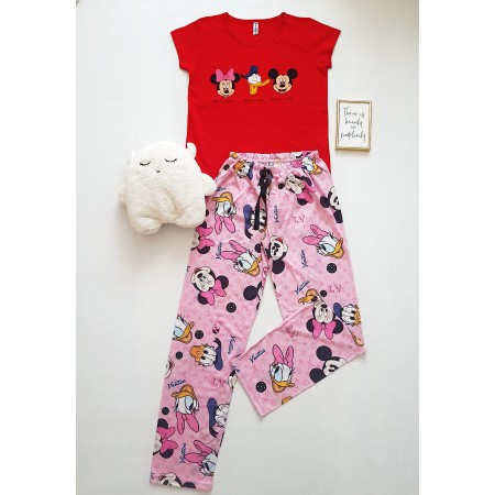 Pijama dama ieftina bumbac cu tricou rosu si pantaloni lungi roz cu imprimeu 3 desene animate